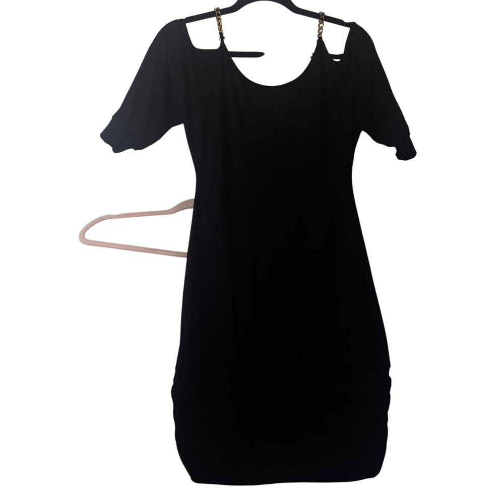Wet Seal Mini Dress Womens Small Black Cold Shoulder Chain Strap Ruched LBD